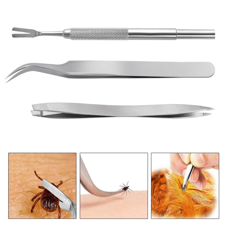 Three silver stainless steel tick clips with grate-style heads for pet parasite removal