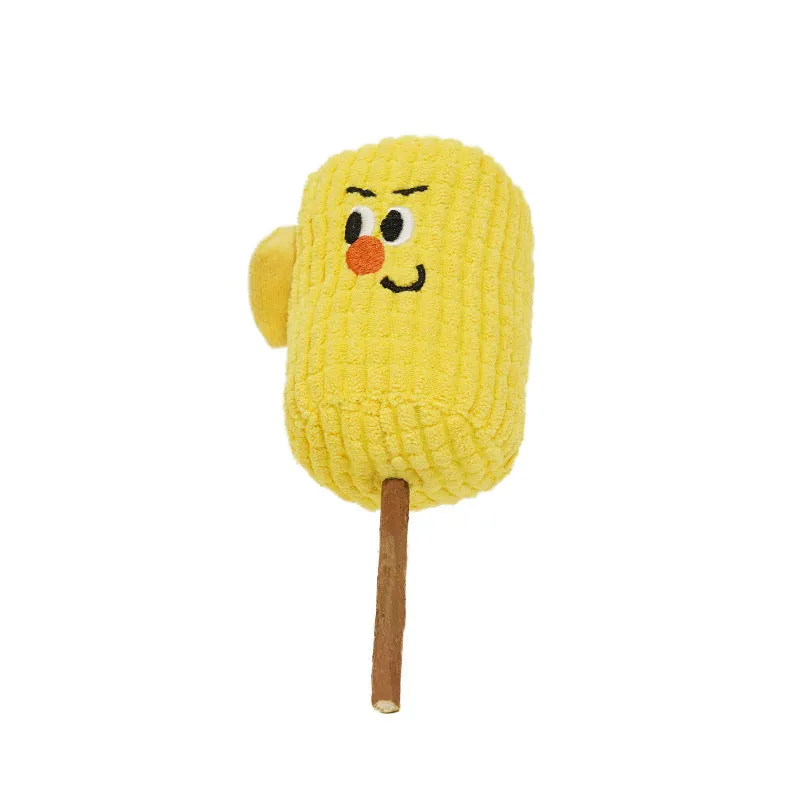 Polio wood corn cob shaped cat chew toy for dental health on a white background.