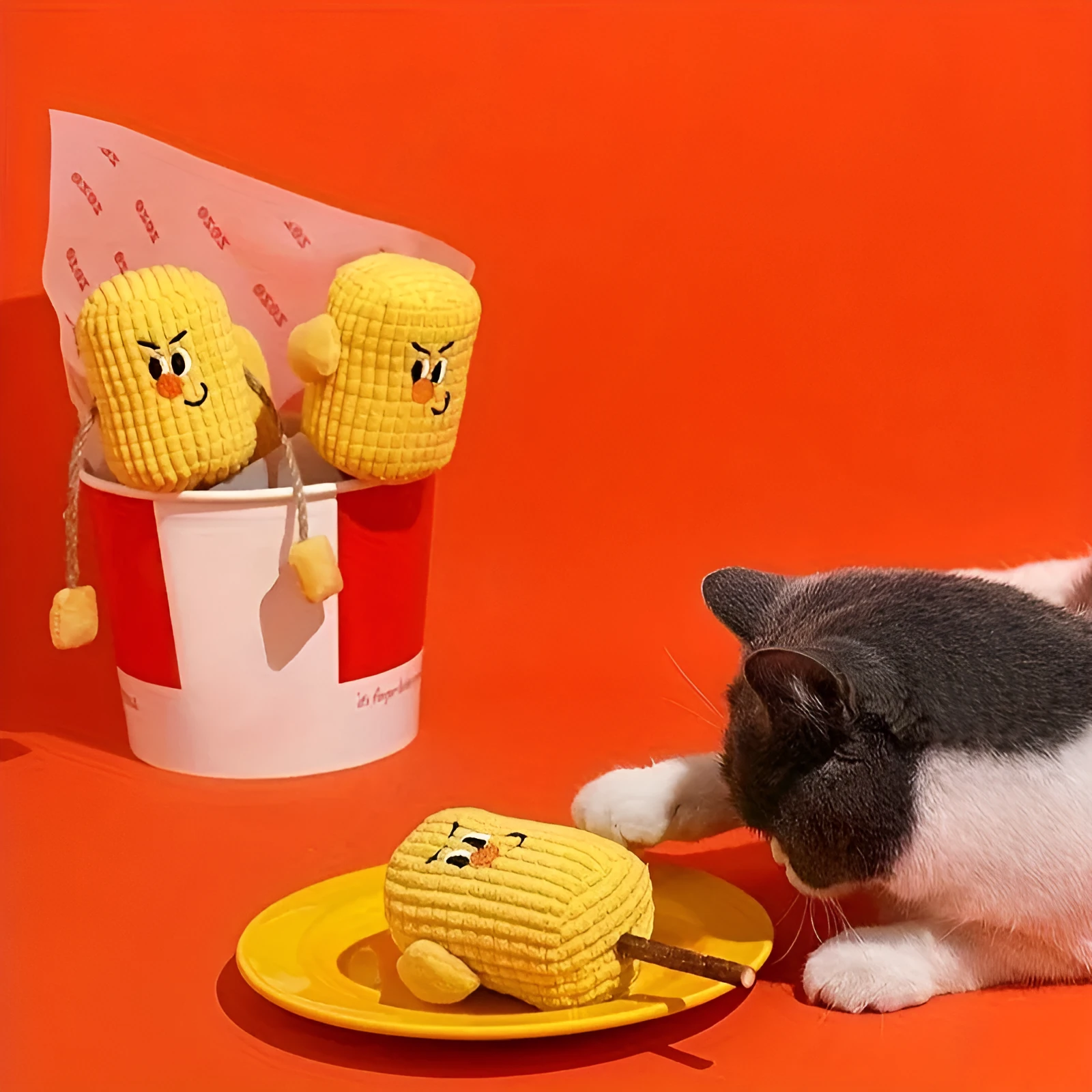 Polio wood corn cob shaped cat chew toy for dental health on a white background.