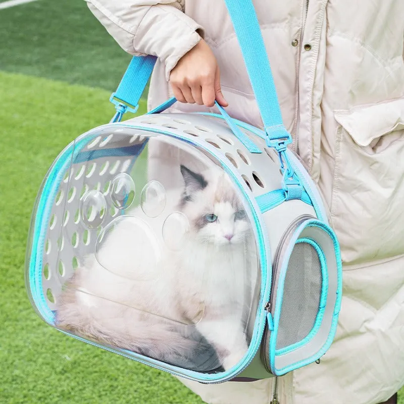 Transparent hard-shell EVA cat backpack carrier in grass green colour.
