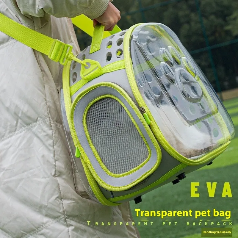Transparent hard-shell EVA cat backpack carrier in grass green colour.