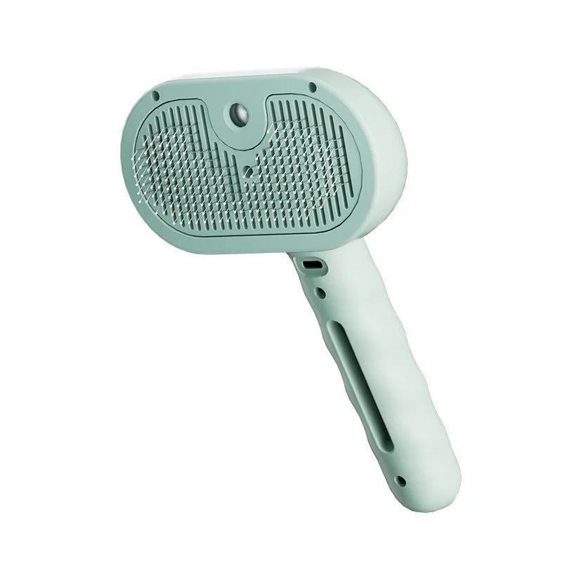 Chevaroo 3-in-1 self-cleaning pet steam brush with silicone bristles and nano mist, green colour, on white background