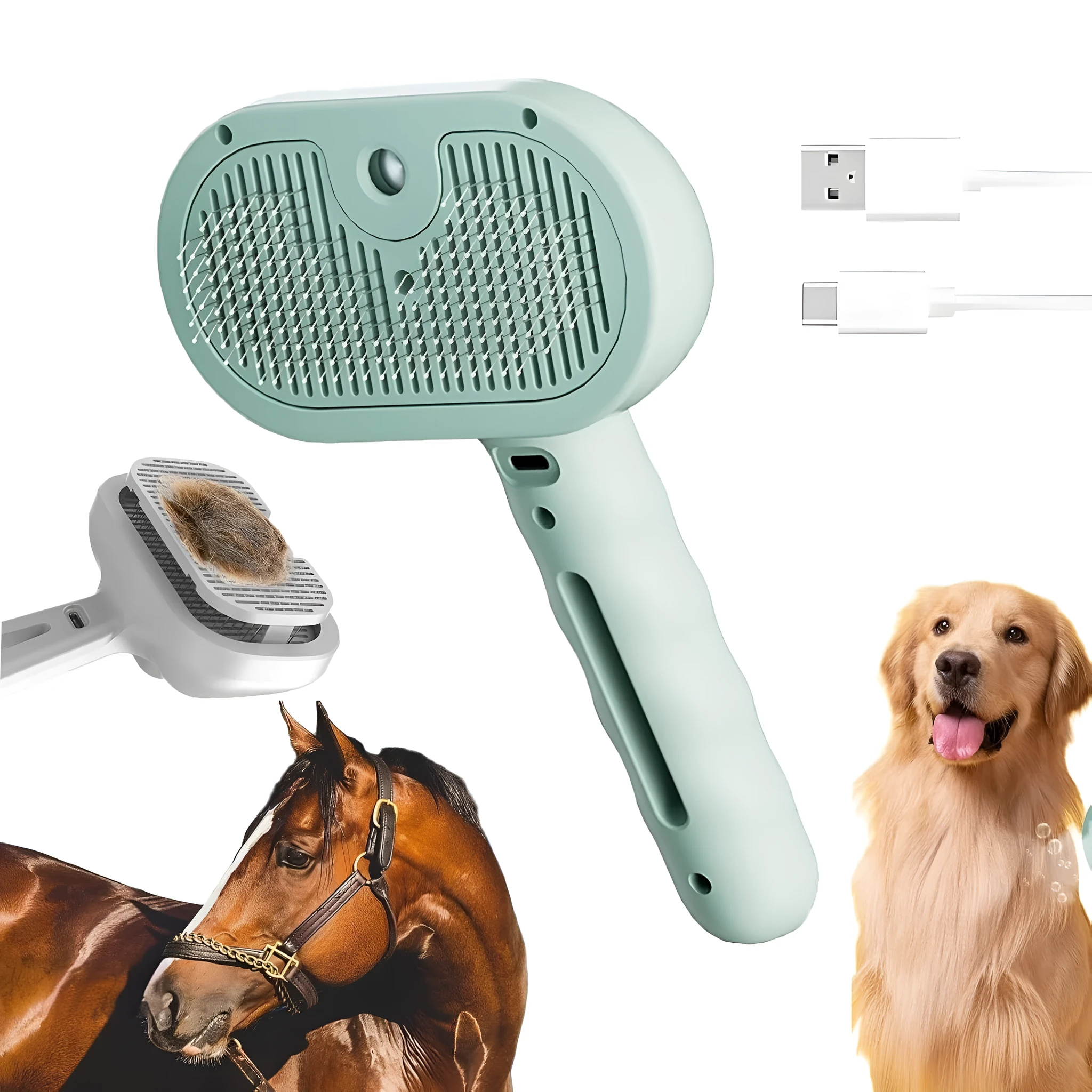 Chevaroo 3-in-1 self-cleaning pet steam brush with silicone bristles and nano mist, green colour, on white background