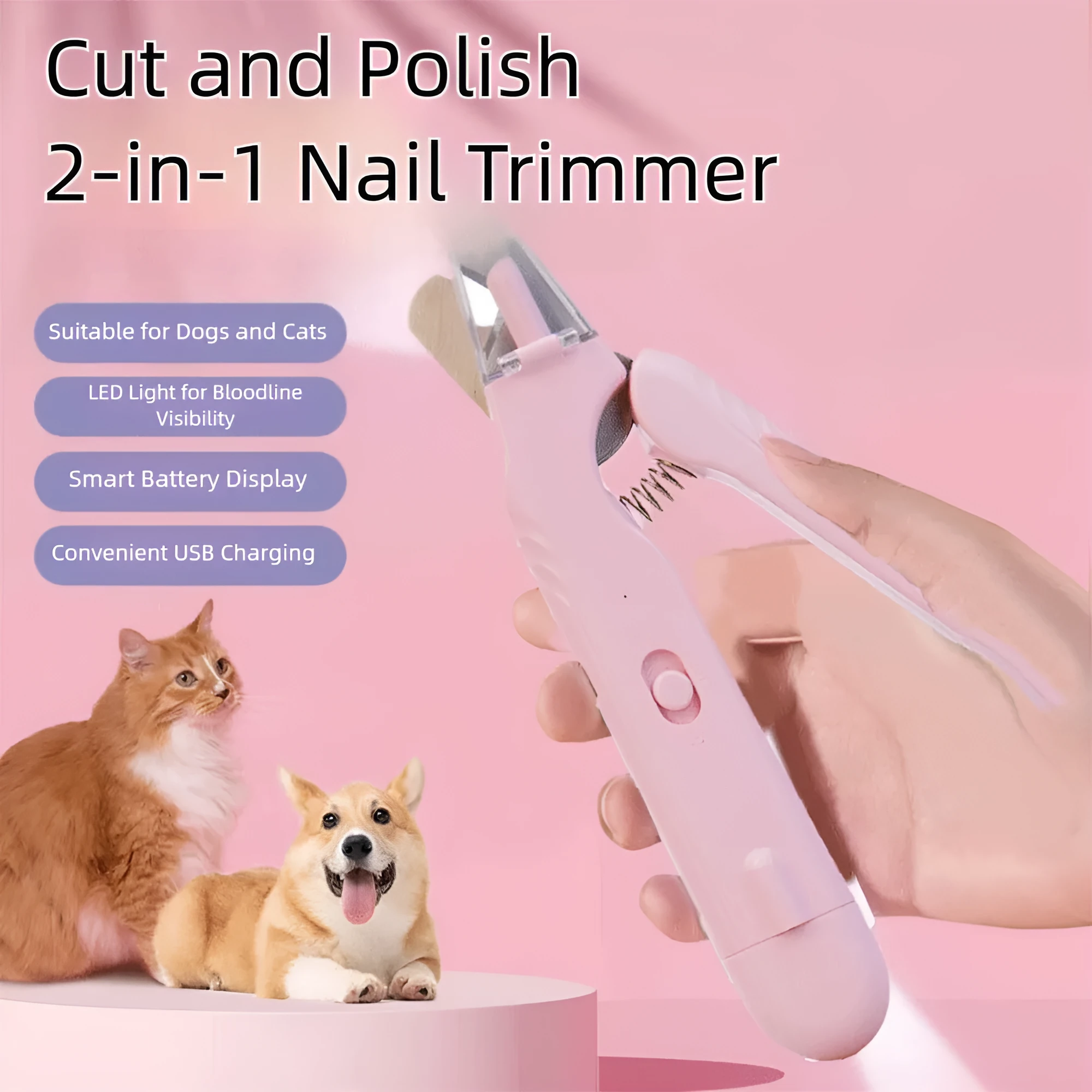 2-in-1 pet nail clipper with LED light and grinder for safe dog and cat nail trimming, white and green