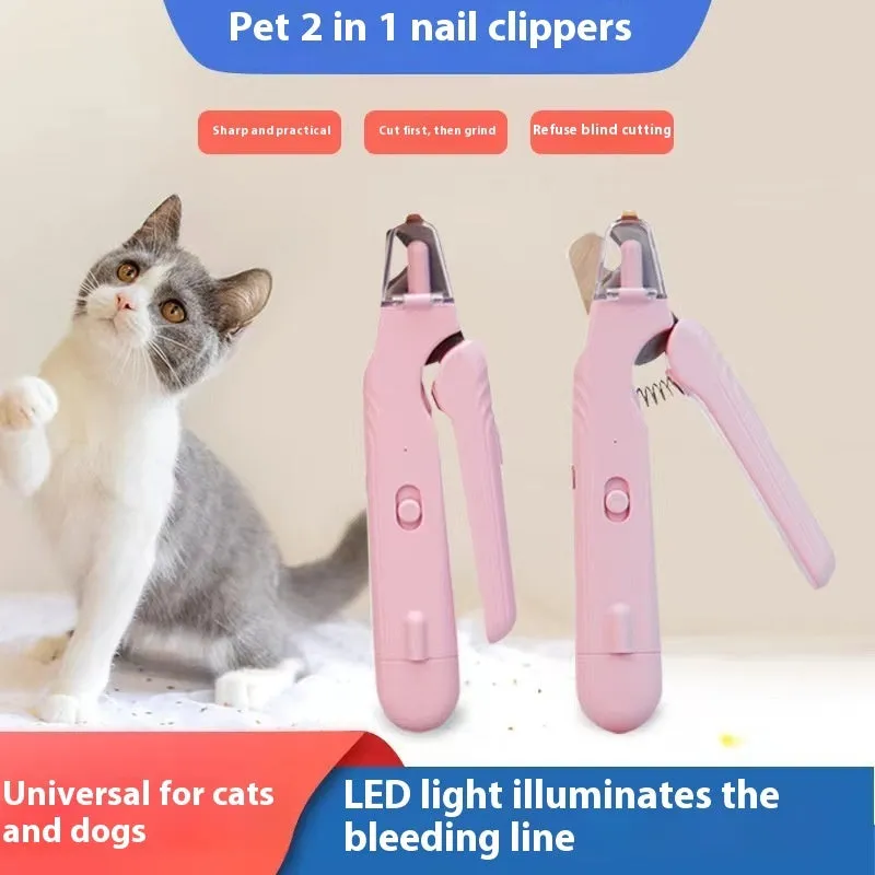 2-in-1 pet nail clipper with LED light and grinder for safe dog and cat nail trimming, white and green