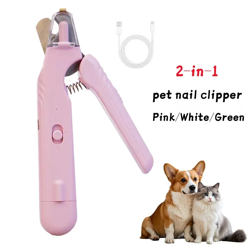 2-in-1 pet nail clipper with LED light and grinder for safe dog and cat nail trimming, white and green