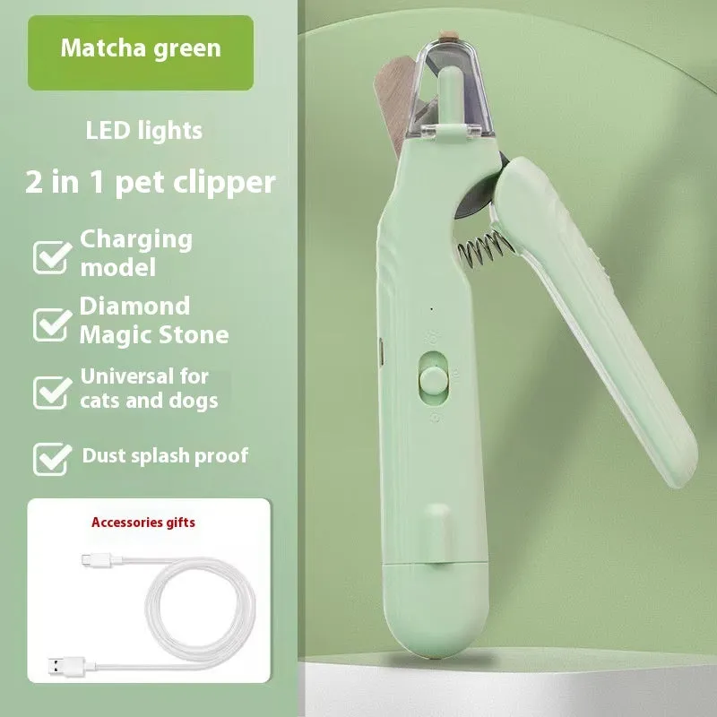 2-in-1 pet nail clipper with LED light and grinder for safe dog and cat nail trimming, white and green
