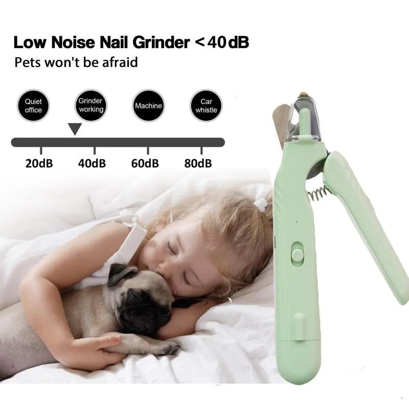 2-in-1 pet nail clipper with LED light and grinder for safe dog and cat nail trimming, white and green