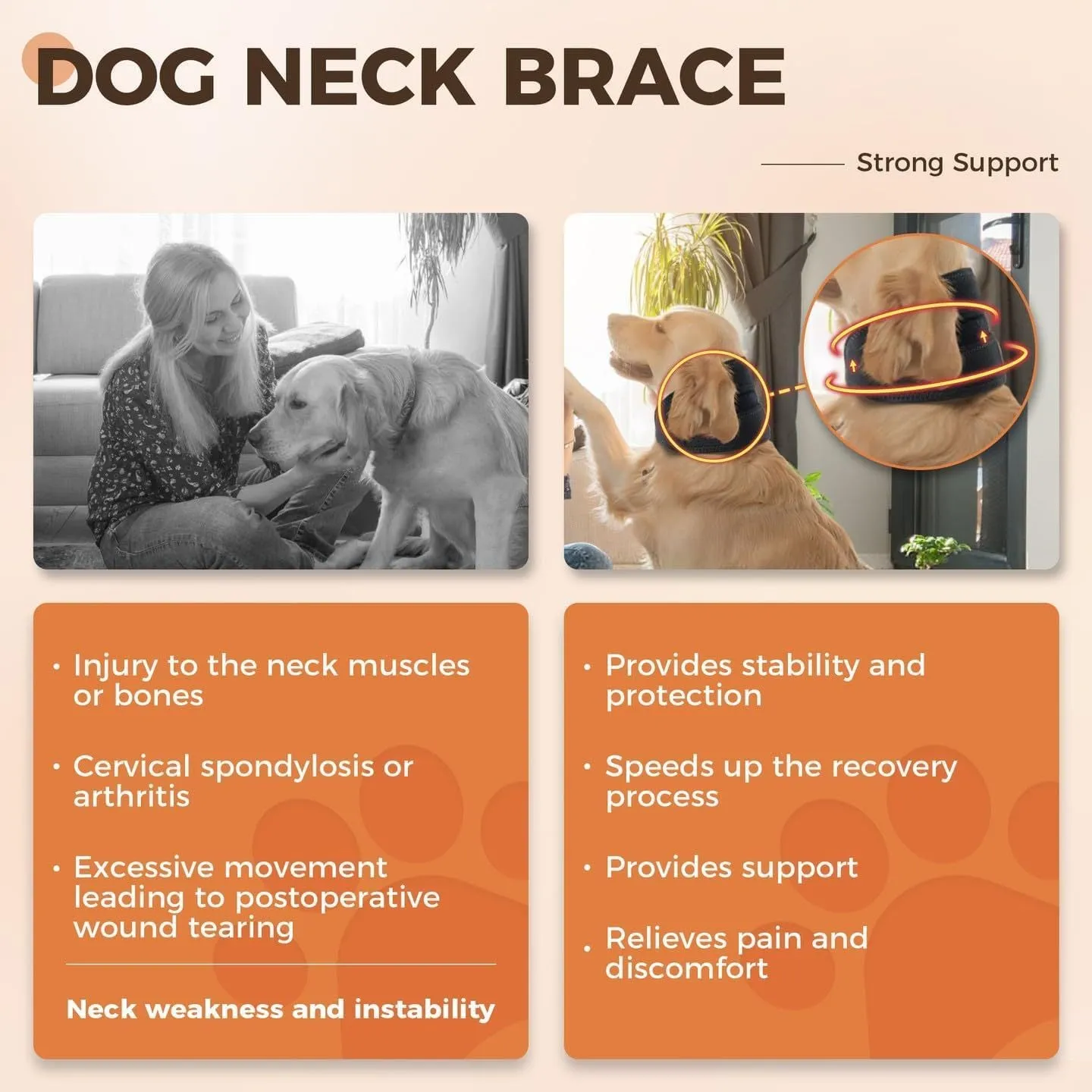 Adjustable dog support collar for neck sprain anti-licking recovery, available in multiple sizes for small to large dogs