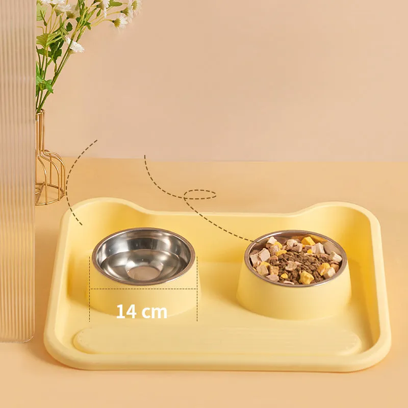 Stainless steel tilted double bowl pet food utensils in Gray, Green, and Yellow colours