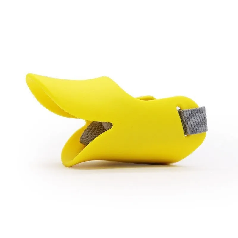 Blue TPR dog duckbill muzzle mouth cover for small to medium dogs, side view on light background