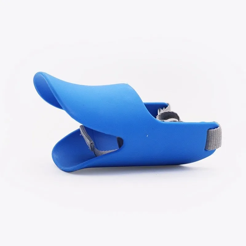 Blue TPR dog duckbill muzzle mouth cover for small to medium dogs, side view on light background