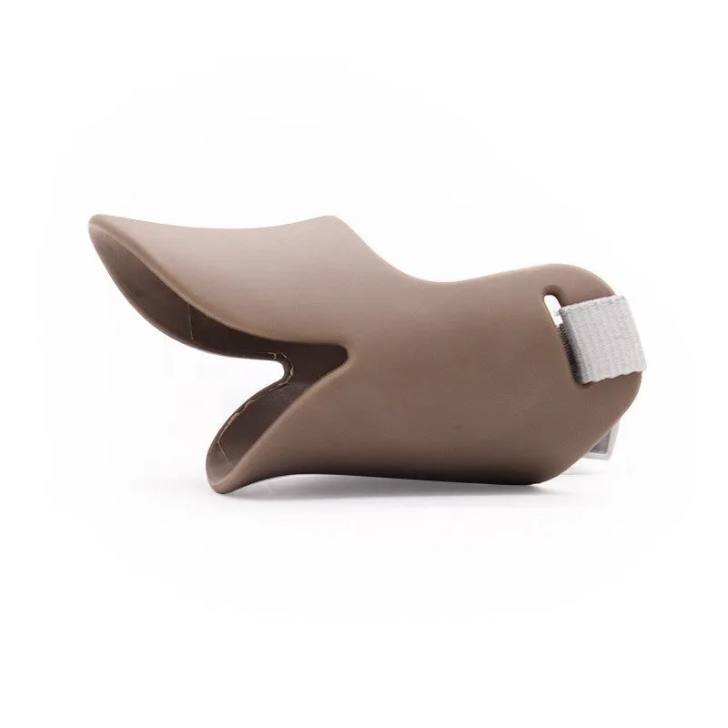 Blue TPR dog duckbill muzzle mouth cover for small to medium dogs, side view on light background