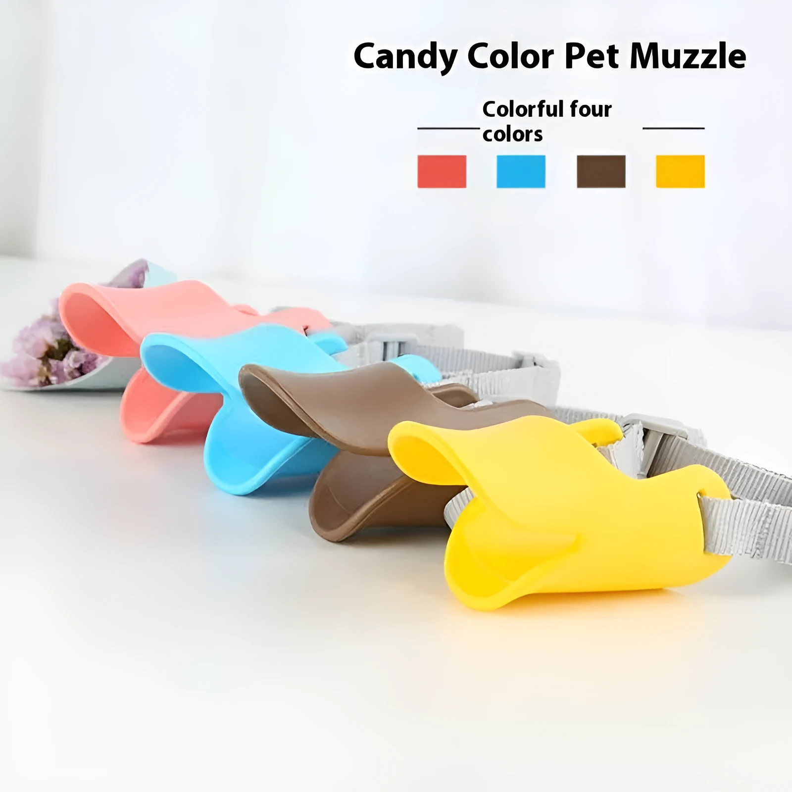 Blue TPR dog duckbill muzzle mouth cover for small to medium dogs, side view on light background
