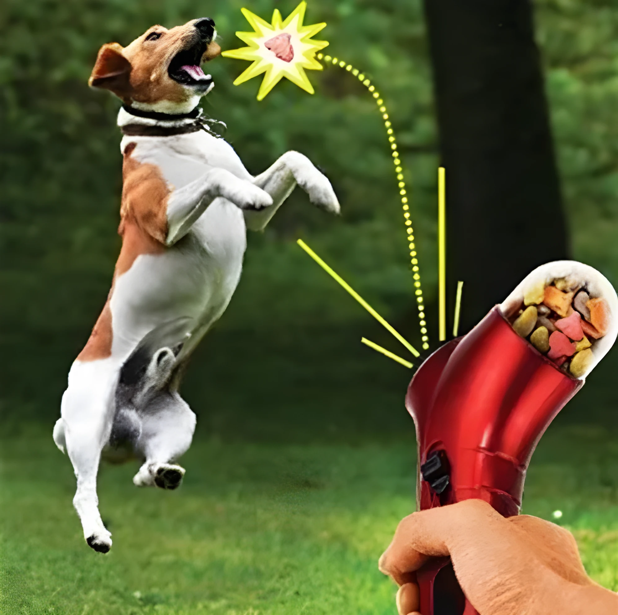 Pet food catapult feeder fun dog toy treat launcher with wrist strap on blue background