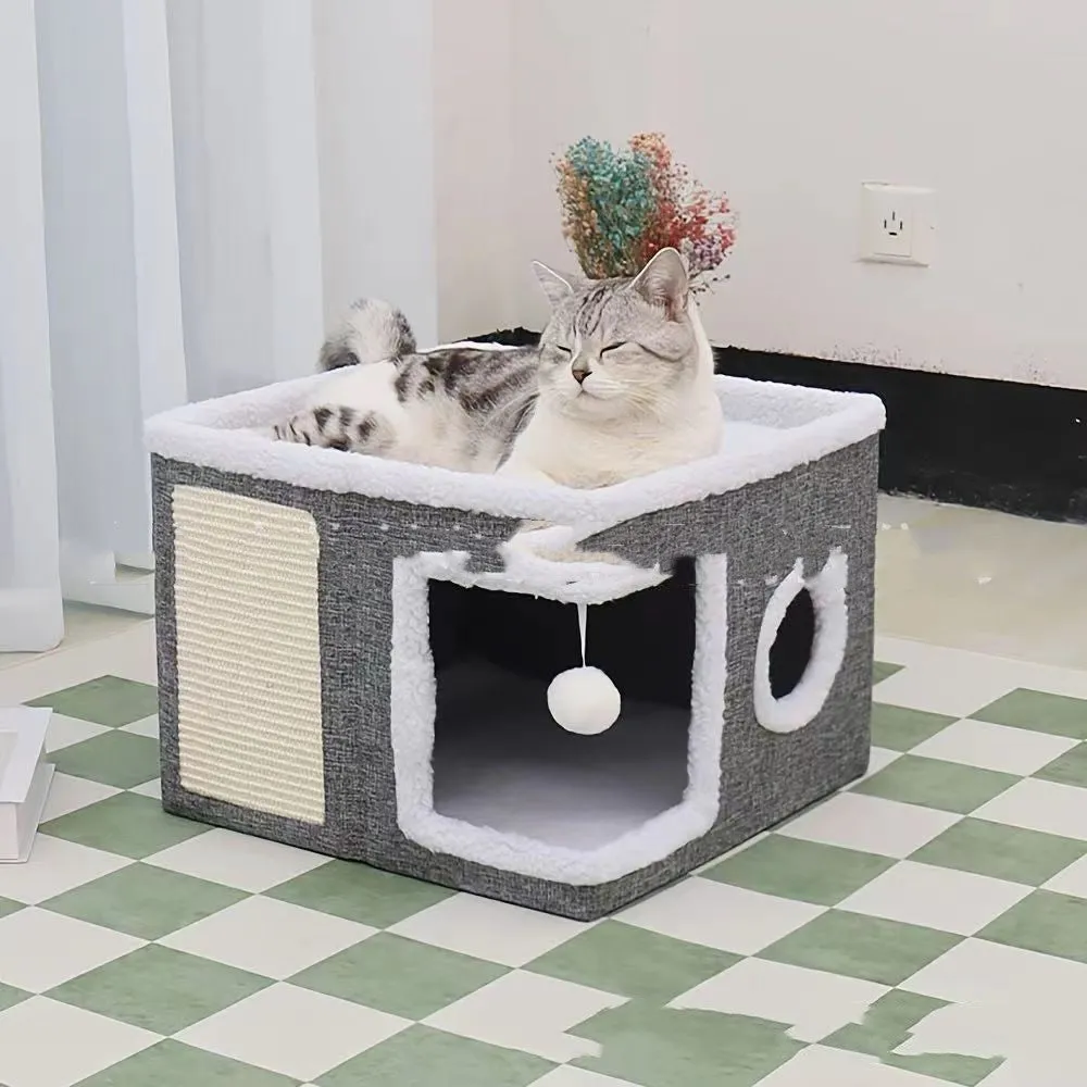 Double-layer dark gray cloth cat nest villa 39x39x32cm foldable pet bed