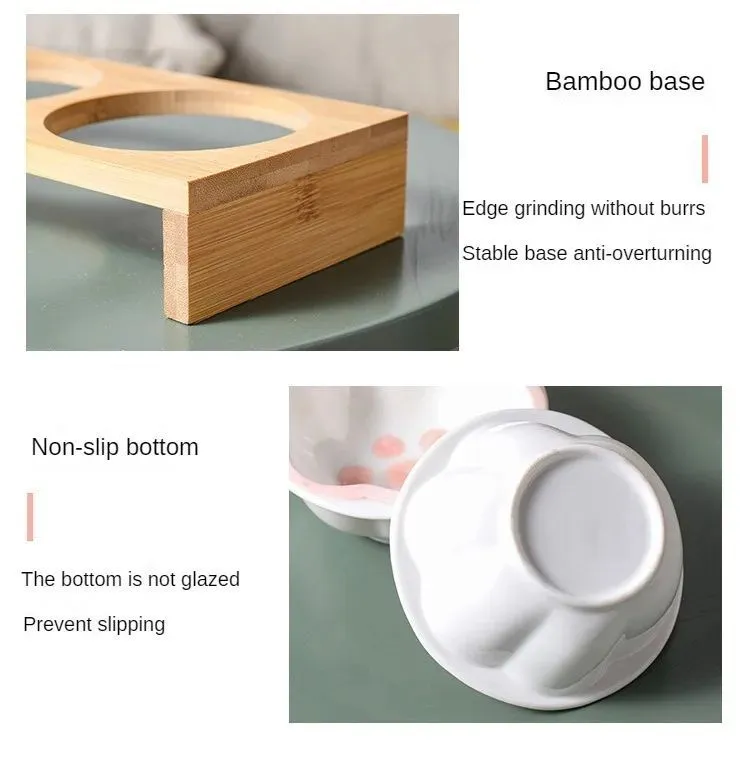 Raised bamboo frame ceramic pet bowl set for small cats and dogs in blue, reducing neck strain during eating