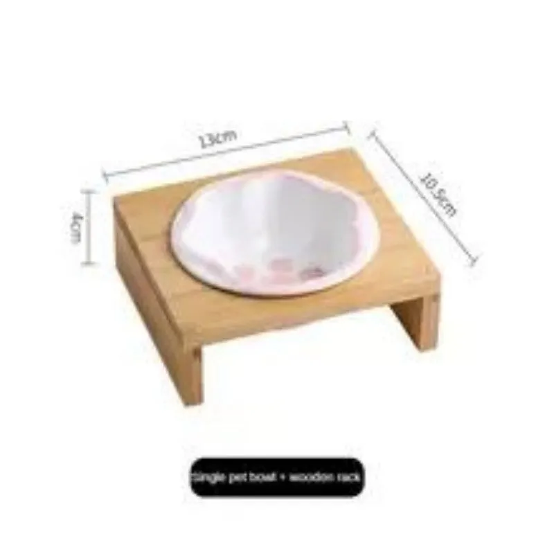 Raised bamboo frame ceramic pet bowl set for small cats and dogs in blue, reducing neck strain during eating
