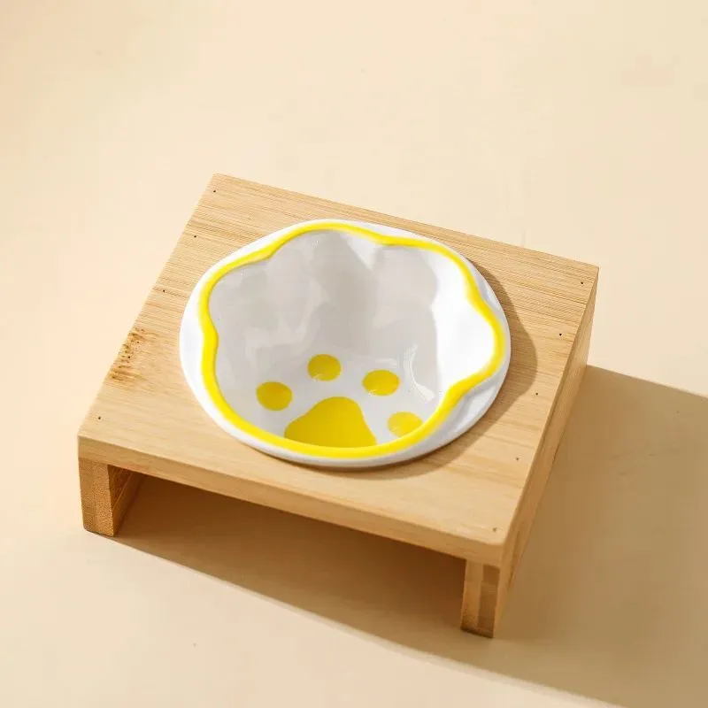 Raised bamboo frame ceramic pet bowl set for small cats and dogs in blue, reducing neck strain during eating