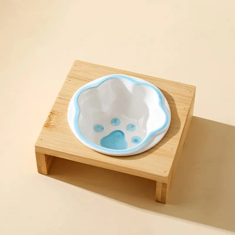 Raised bamboo frame ceramic pet bowl set for small cats and dogs in blue, reducing neck strain during eating
