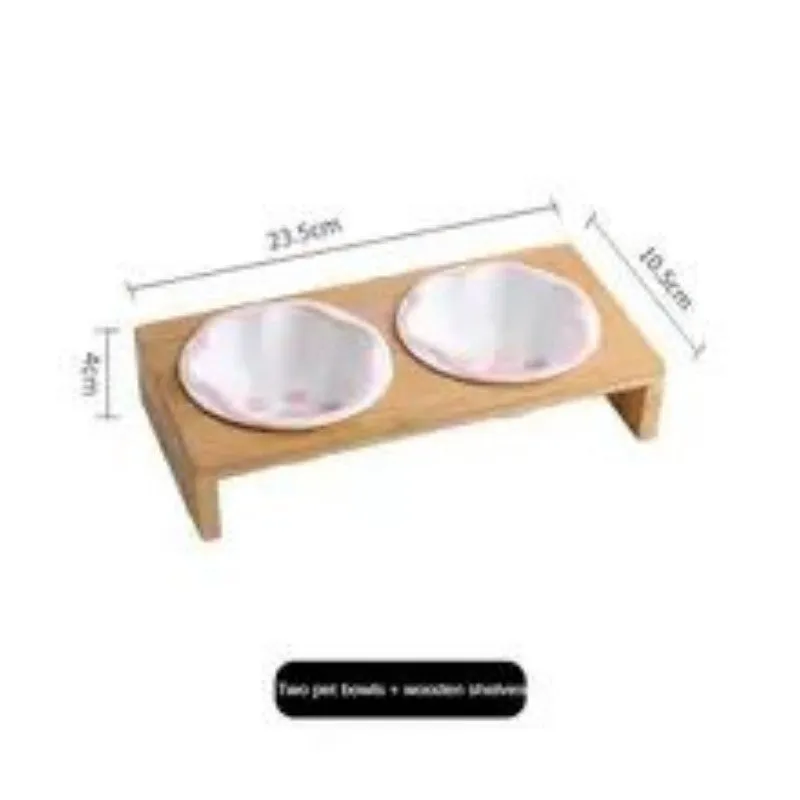 Raised bamboo frame ceramic pet bowl set for small cats and dogs in blue, reducing neck strain during eating