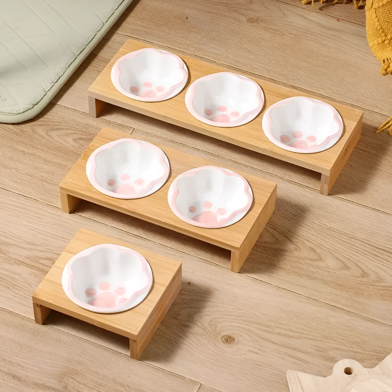 Raised bamboo frame ceramic pet bowl set for small cats and dogs in blue, reducing neck strain during eating