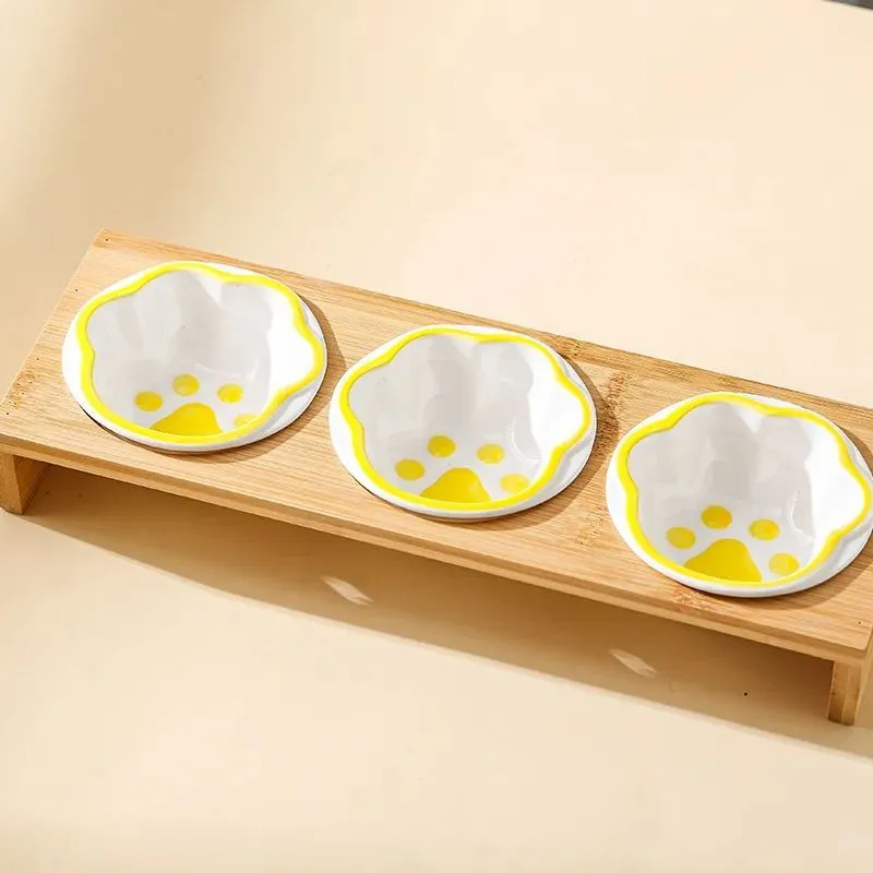 Raised bamboo frame ceramic pet bowl set for small cats and dogs in blue, reducing neck strain during eating