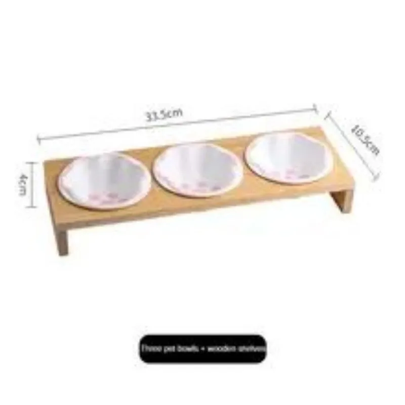 Raised bamboo frame ceramic pet bowl set for small cats and dogs in blue, reducing neck strain during eating