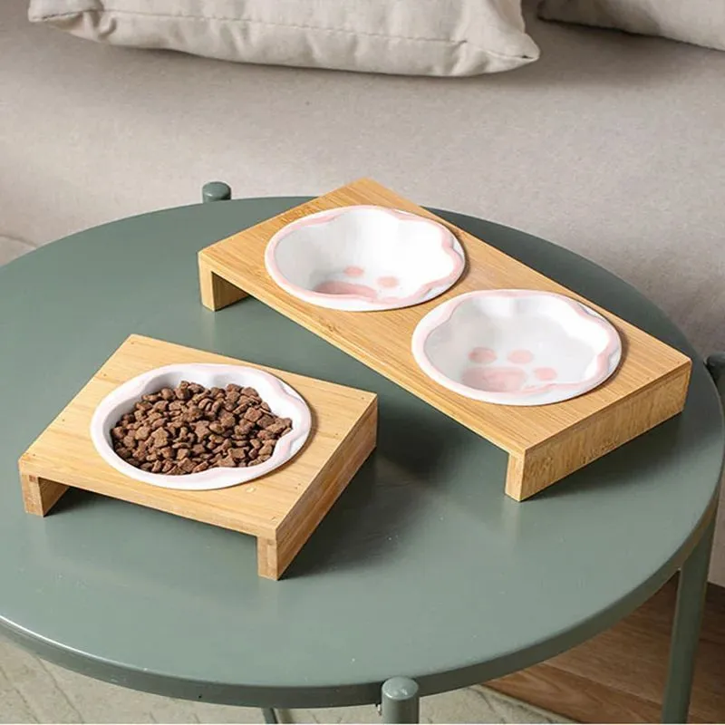Raised bamboo frame ceramic pet bowl set for small cats and dogs in blue, reducing neck strain during eating