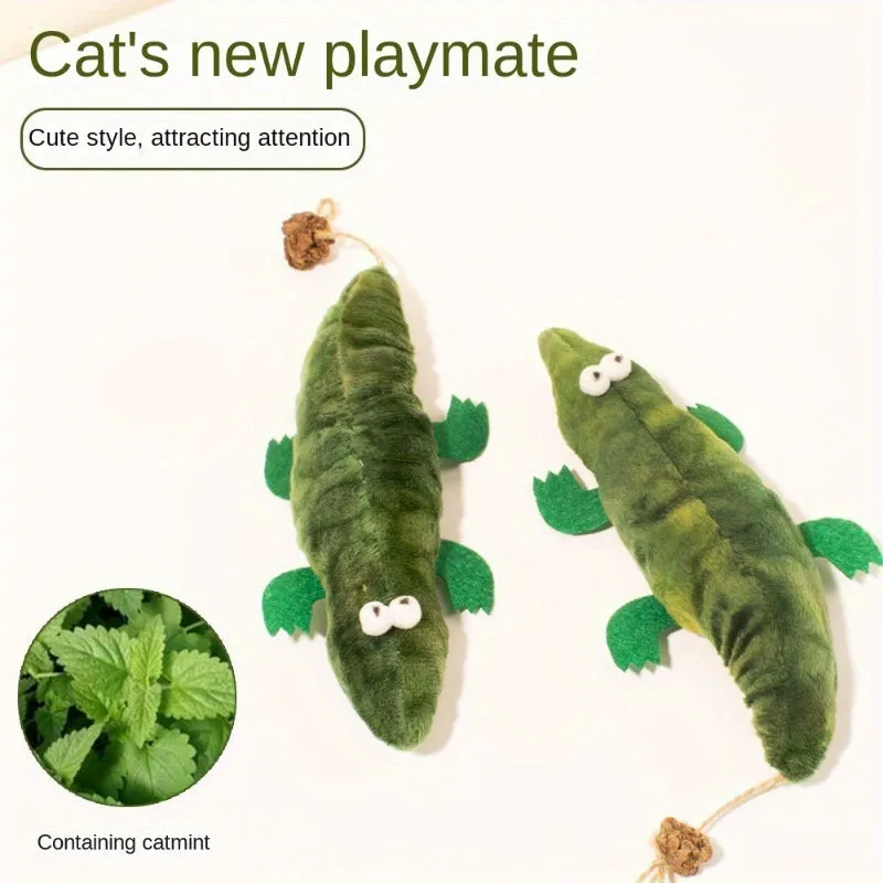 Green plush alligator catnip toy with peppermint scent for oral cleansing and stress relief