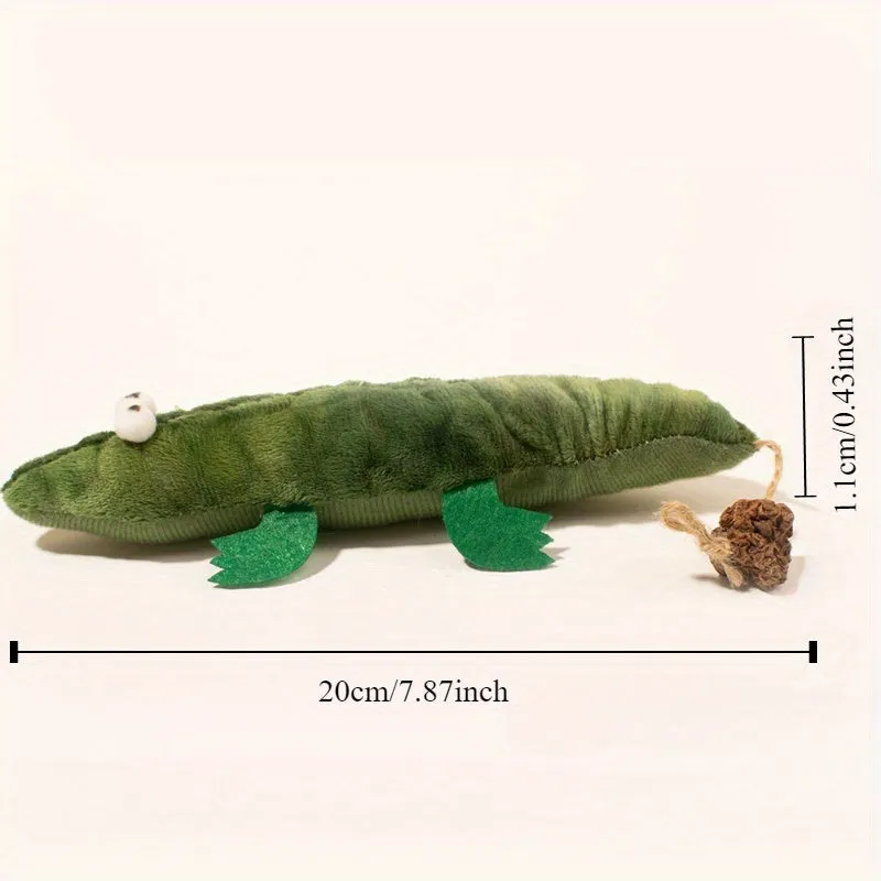 Green plush alligator catnip toy with peppermint scent for oral cleansing and stress relief