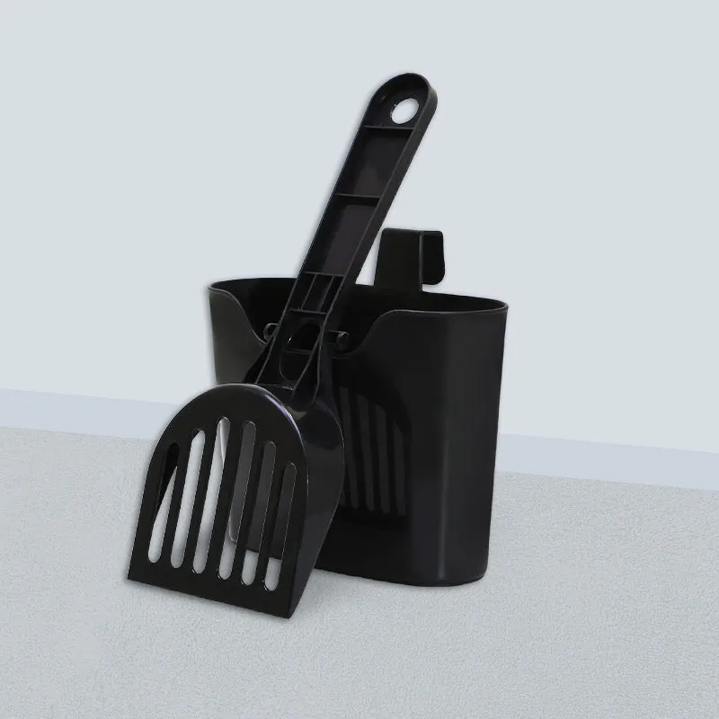 Black mesh cat litter scoop with lengthened handle and storage box, 28x10x3cm, plastic