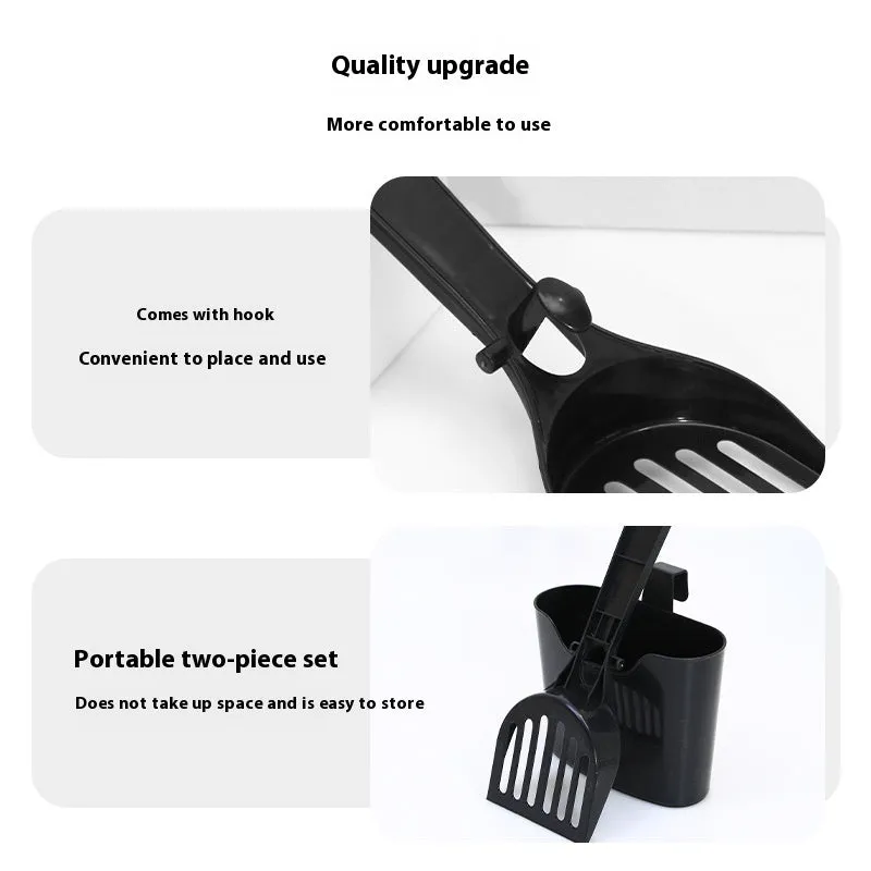 Black mesh cat litter scoop with lengthened handle and storage box, 28x10x3cm, plastic