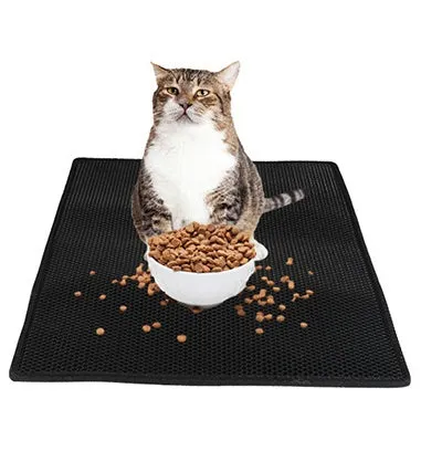 Beehive cat litter mat in gray with honeycomb textured EVA surface and quilted edge