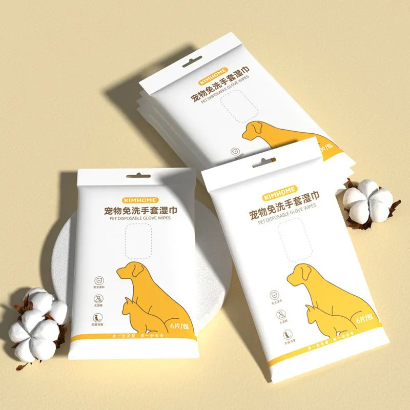 Pack of 6 disposable pet bath gloves for cats and dogs, pre-moistened wipes