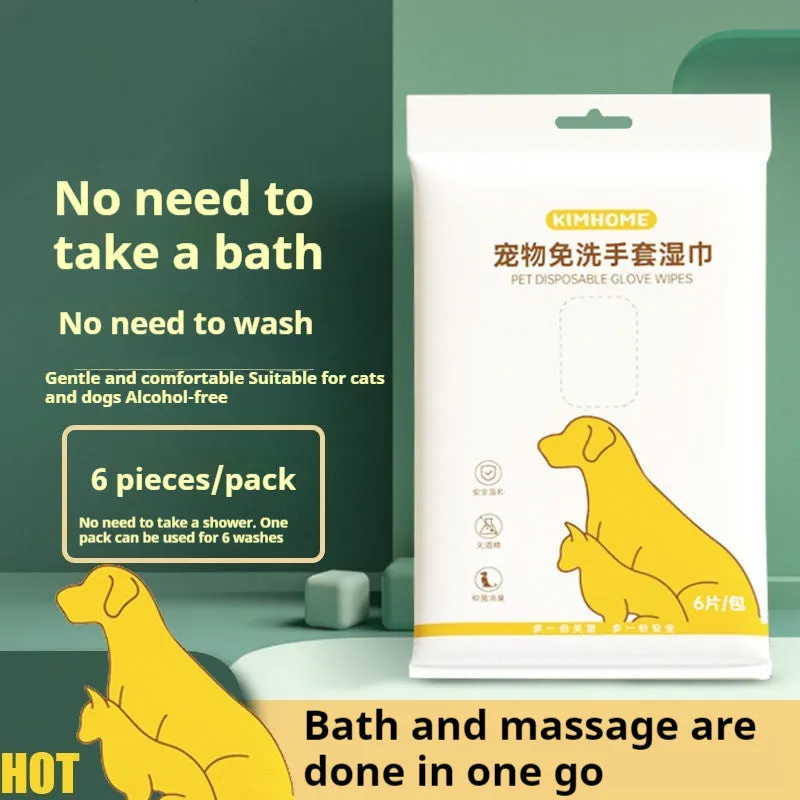 Pack of 6 disposable pet bath gloves for cats and dogs, pre-moistened wipes