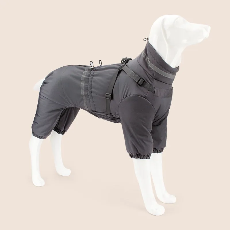 Four-leg dog cotton-padded jacket in Oxford fabric, khaki colour, worn on a dog, size M, for winter warmth