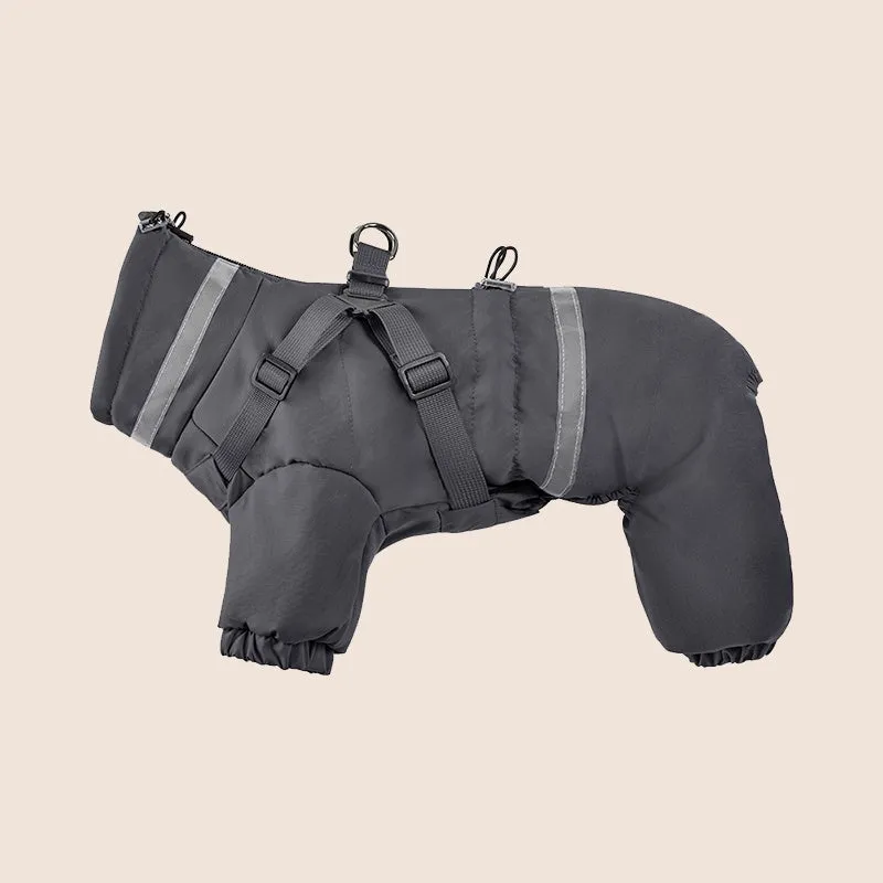 Four-leg dog cotton-padded jacket in Oxford fabric, khaki colour, worn on a dog, size M, for winter warmth
