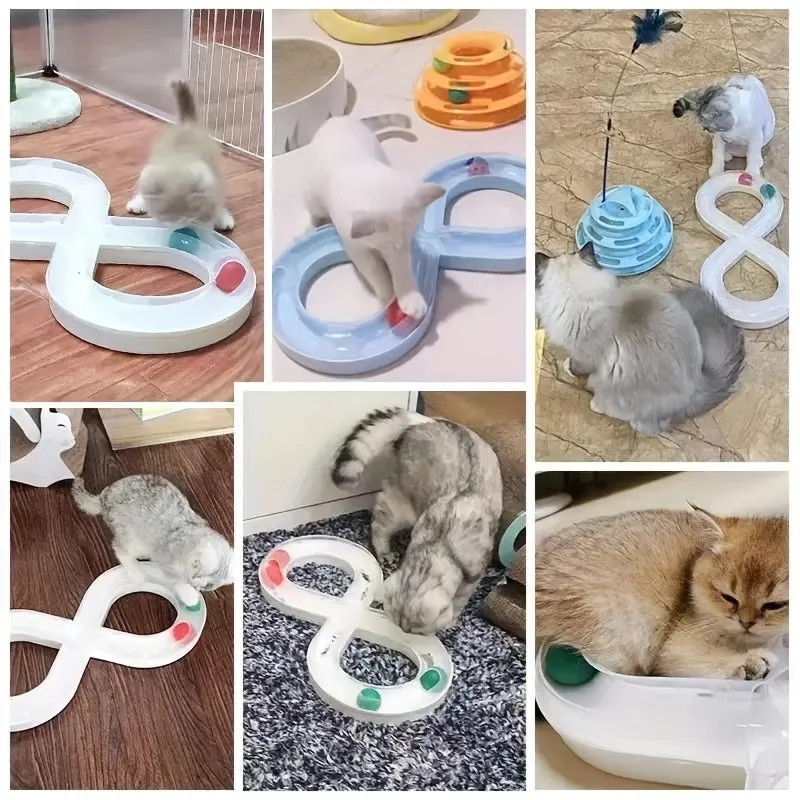 Blue and white cat turntable track ball toy set with teasing stick measuring 50cm long