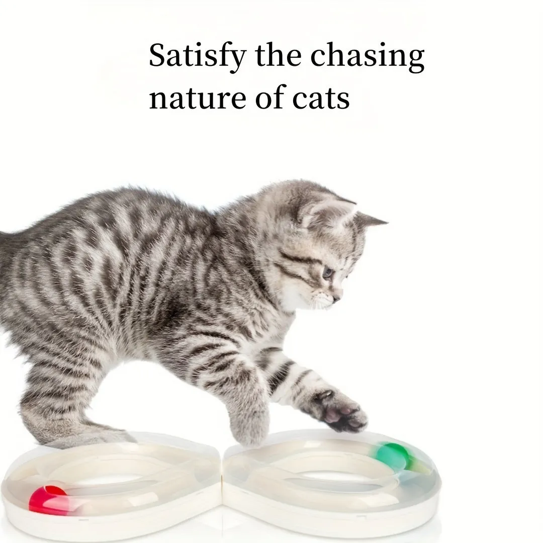 Blue and white cat turntable track ball toy set with teasing stick measuring 50cm long
