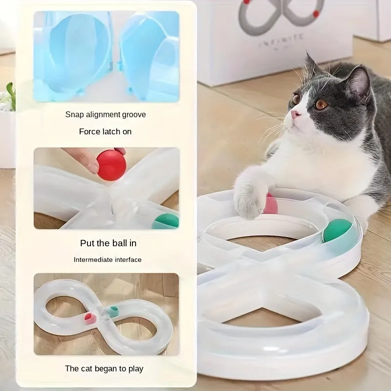 Blue and white cat turntable track ball toy set with teasing stick measuring 50cm long