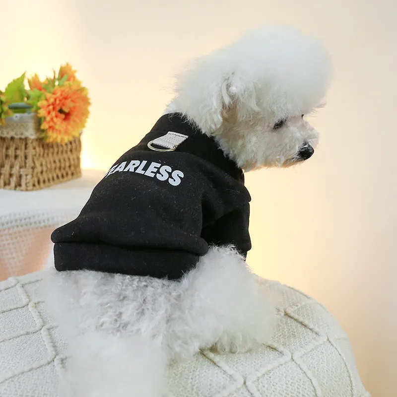 Pet traction sweater in black or red polyester with open buttons, sizes XS to XL