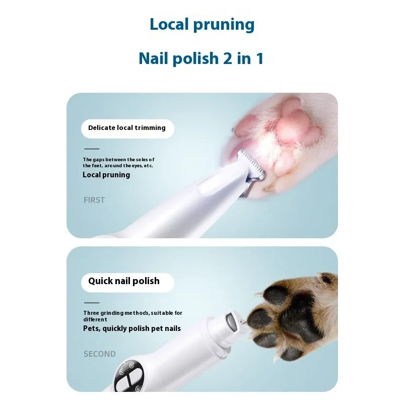 White plastic rechargeable pet cat foot shaver with double button control and grinding head for paw hair and nail trimming