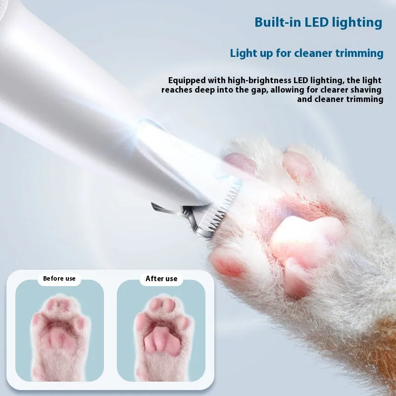 White plastic rechargeable pet cat foot shaver with double button control and grinding head for paw hair and nail trimming