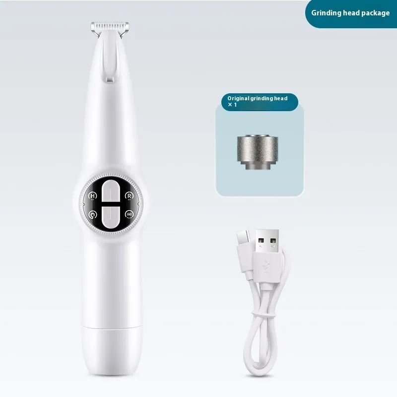 White plastic rechargeable pet cat foot shaver with double button control and grinding head for paw hair and nail trimming