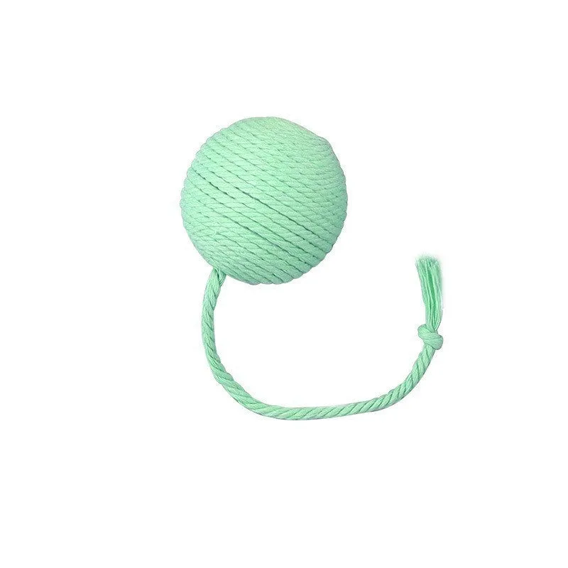 Colourful cat toy ball with attached rope and internal bell, shown in green, pink, purple, and yellow variants.