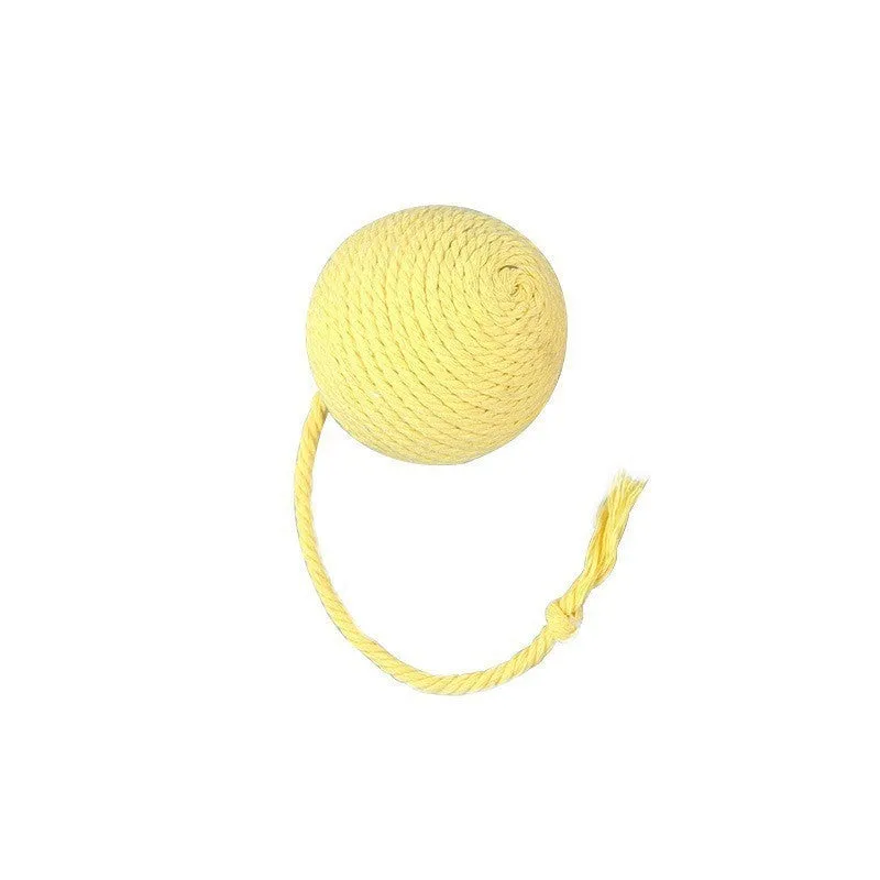 Colourful cat toy ball with attached rope and internal bell, shown in green, pink, purple, and yellow variants.