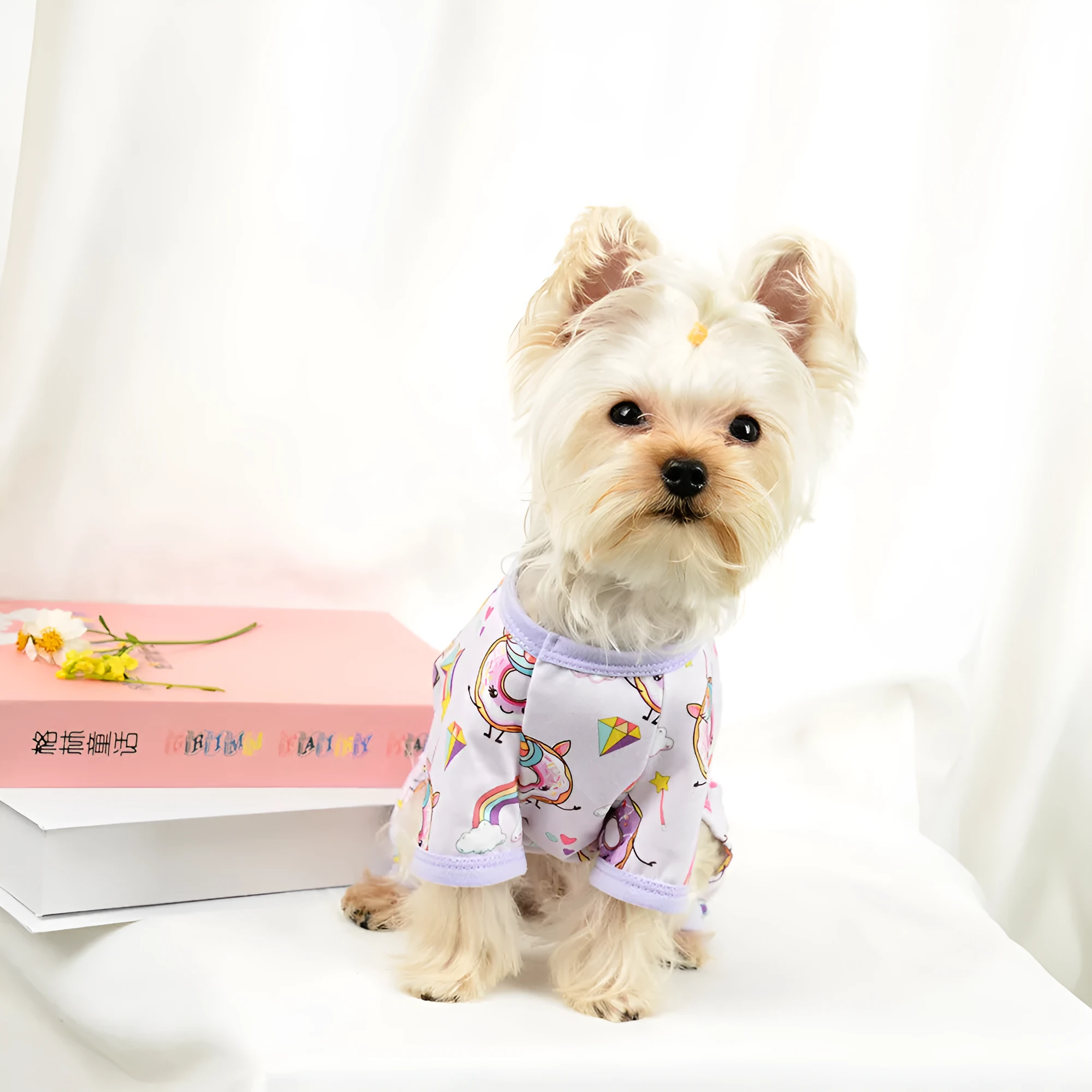 Purple cotton four-legged dog pyjamas on a pet, front view showing full body coverage