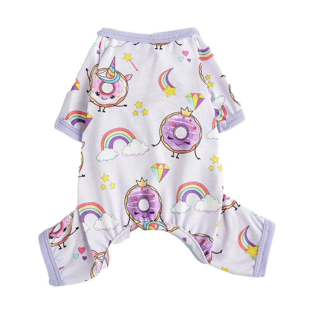 Purple cotton four-legged dog pyjamas on a pet, front view showing full body coverage