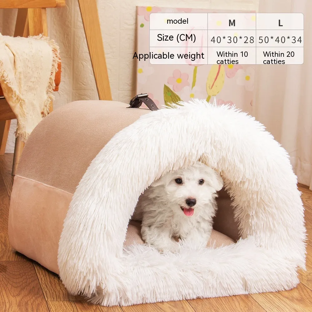 Splice portable pet nest in brown with semi-enclosed hood, soft plush fabric, M size